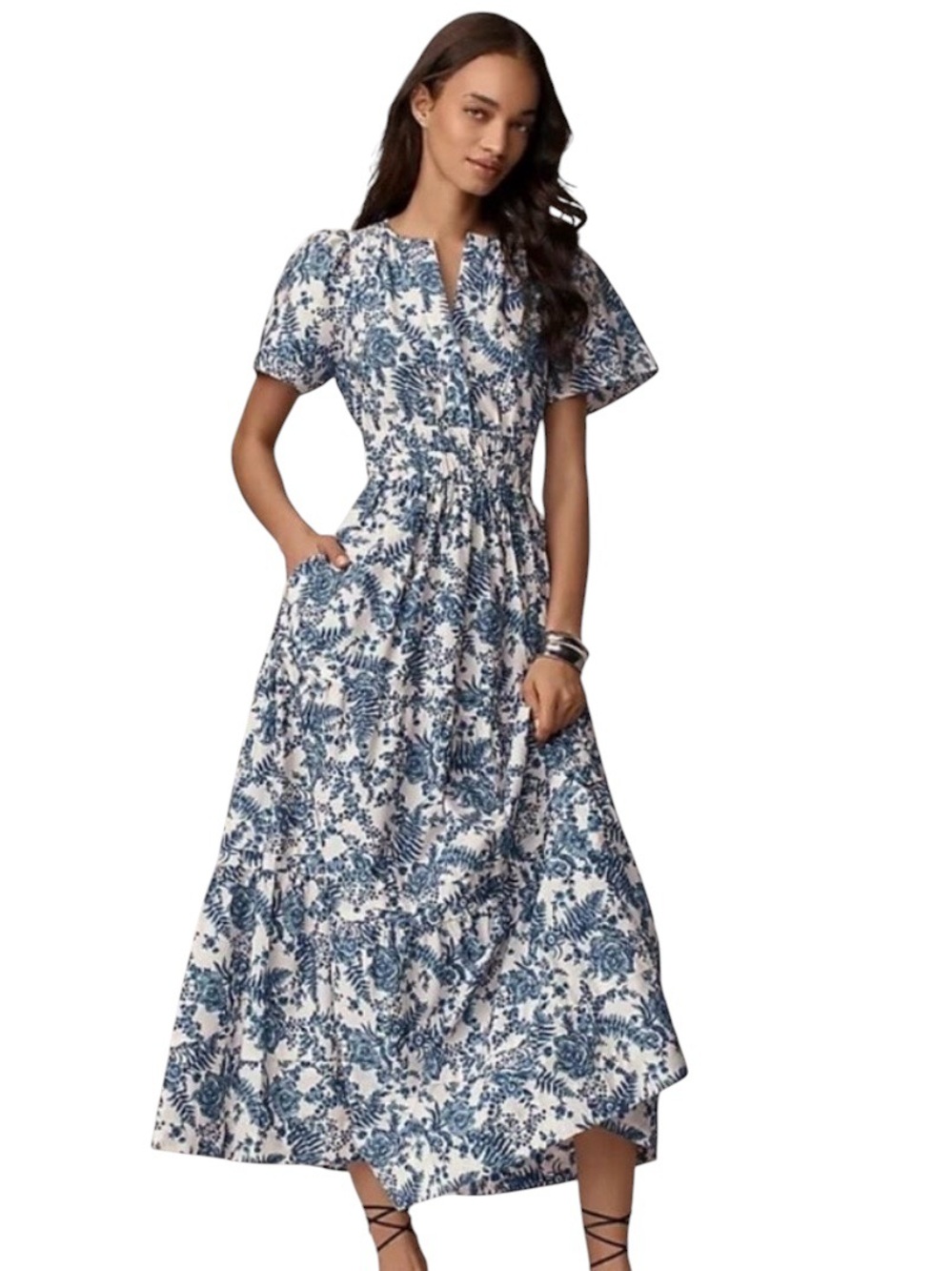 Anthropology Blue and White Floral Cotton Maxi Dress Boho Cottagecore